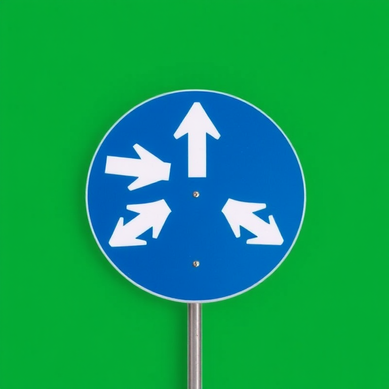 Create an image of a road sign with multiple arrows pointing in different directions on a green background, shot with a DSLR camera at f/8 aperture, ISO 100, 50mm lens, top-down view, captured in high resolution for maximum detail.