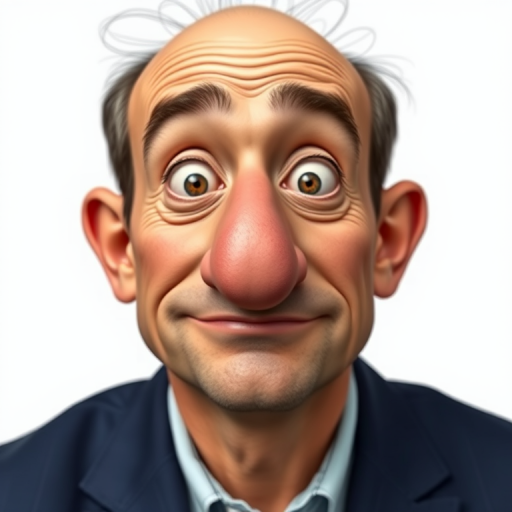 Generate a cartoon character of a man with a large nose and exaggerated features, using a DSLR camera with a 50mm lens, aperture set to f/2.8, high dynamic range settings, in portrait view to enhance colors and details.