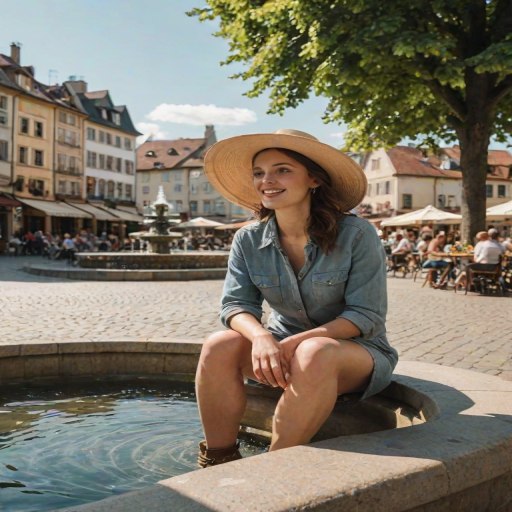 Charming European town square, with a fountain in the center, a woman with a wide-brimmed hat sits on the fountain's edge, enjoying the sunshine.