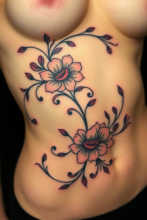 Elegant Art Nouveau tattoo wrapping around the ribcage, featuring flowing organic lines and stylized floral motifs, incorporating subtle color gradients and intricate details inspired by the classic art movement
