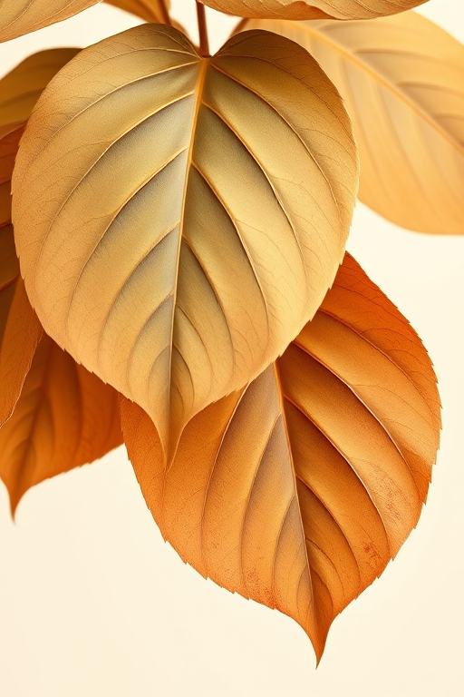 Create a high-resolution botanical illustration featuring overlapping leaves in earthy tones with a soft background, using a macro lens on a DSLR camera, f-stop 5.6, ISO 100, shutter speed 1/200s, natural light for enhanced detail and depth.