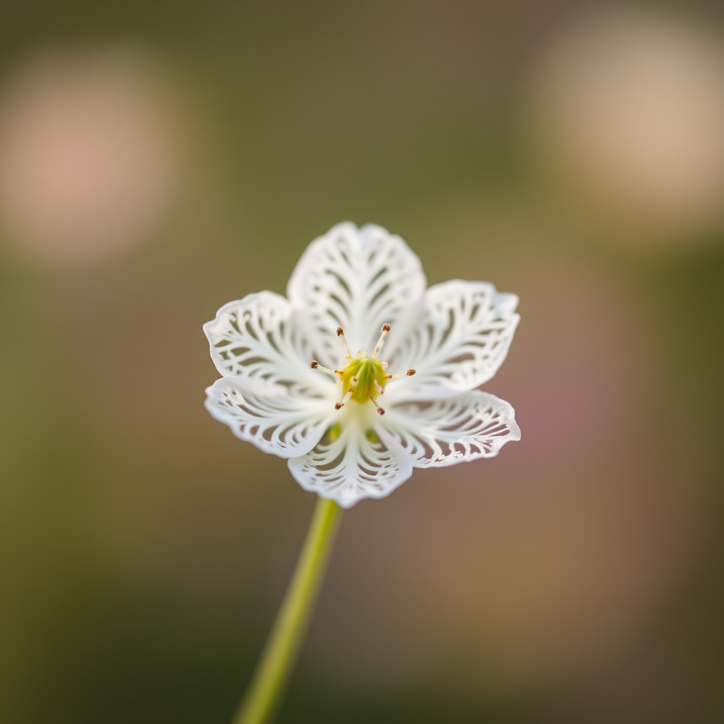 Macro shot of a delicate flower with intricate, lacy petals against a soft, blurred background, using a Canon EOS 5D Mark IV, 100mm f/2.8 macro lens, f/4 aperture, 1/200s shutter speed, ISO 100, shallow depth of field, natural light, focus on the flower to enhance detail.