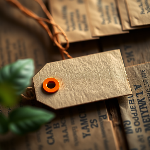 Create a high-resolution image of a textured kraft paper tag with a round orange eyelet, captured with a DSLR camera at f/4 aperture, 50mm lens, 1/125s shutter speed, in natural lighting from a top-down view, with a shallow depth of field to emphasize the tag's details against a soft blurred background.
