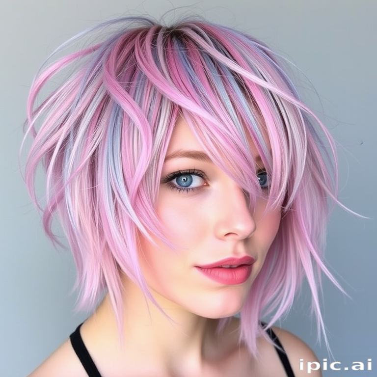 Whimsical artist with a tousled, shoulder-length shag haircut featuring choppy layers and a mix of pastel pink and blue streaks