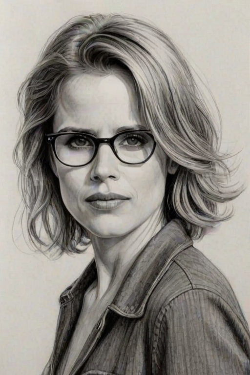 Alluring Kim Dickens, pencil sketch, portrait of Ravishing woman 1929s in glasses, hair style beatnik, outline, clear lines, fine lines, 8k