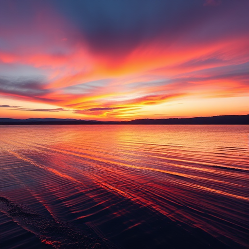 Generate a high-quality image of a serene lake during sunset with vibrant colors, captured using a Canon EOS R5, 24-70mm lens, f/8 aperture, ISO 100, shot at a 50mm focal length, from a slightly elevated angle to highlight reflections in the water.