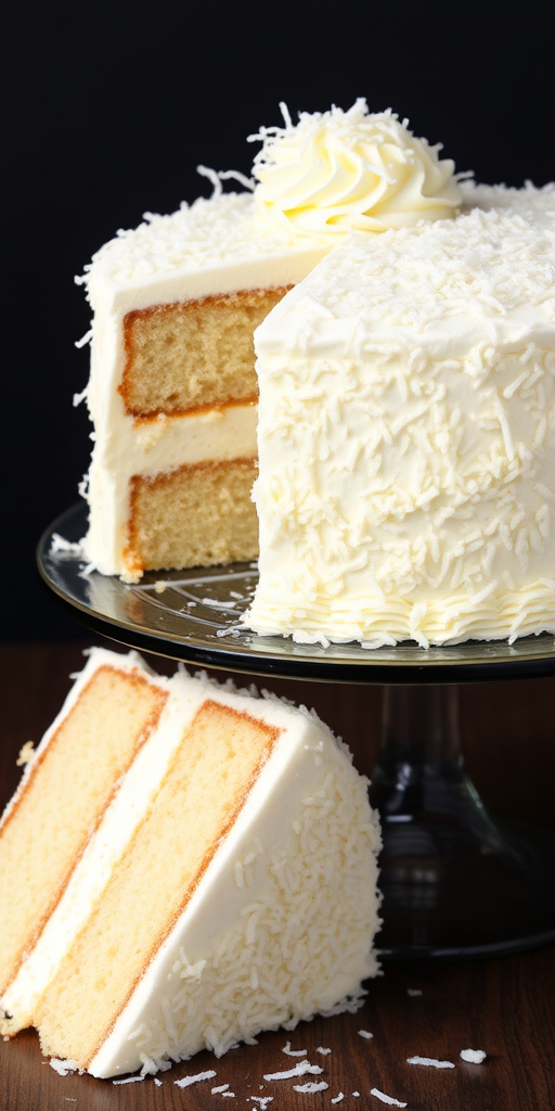 A beautifully decorated coconut cake with a fluffy white frosting and shredded coconut on top, presented on a glass cake stand, with one slice removed to reveal the layers inside, against a dark background.