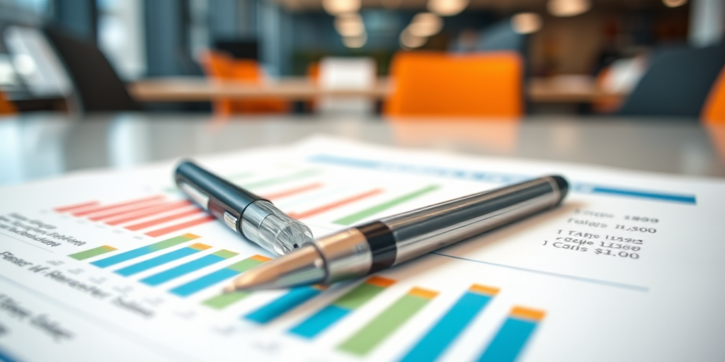 close-up of a pen resting on a colorful financial report with bar graphs in an office setting, shallow depth of field, aperture f/2.8, ISO 100, 50mm lens, natural lighting, DSLR camera, focus on the pen and report details, background blurred