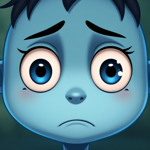 Create a high-resolution cartoon image of a sad blue face with large eyes, incorporating a single tear, using an aperture of f/2.8, a shutter speed of 1/60s, and a focal length of 50mm, captured from a front view with a soft focus background.