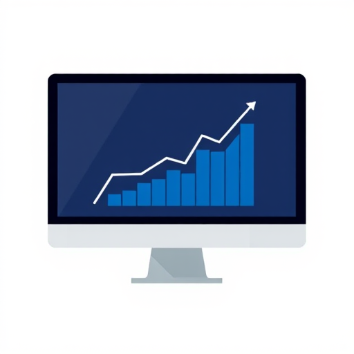 design a modern flat icon of a computer monitor displaying a rising graph with blue hues, minimalistic style, high resolution, captured with a DSLR camera at f/8 aperture, 50mm lens, natural light, soft focus background