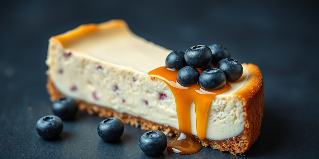 A beautifully presented slice of cheesecake topped with fresh blueberries and a drizzle of caramel, captured with a Canon EOS R5, 50mm f/1.2 lens, aperture at f/2.8, ISO 100, shot in soft, diffused natural light for enhanced texture and detail, on a dark blue background to make the colors pop.
