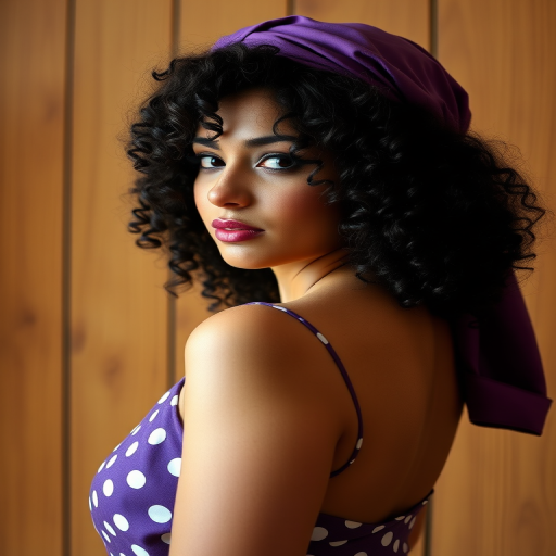 portrait of a young woman with curly hair wearing a purple headscarf, looking thoughtfully over her shoulder, soft warm lighting, wooden background, stylish polka dot dress