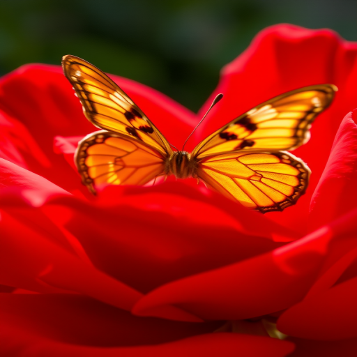 Sharp, detailed close-up of a butterfly landing on a vibrant red rose, soft light reflecting off its wings, tiny details of the petals visible, and the feeling of delicate beauty.