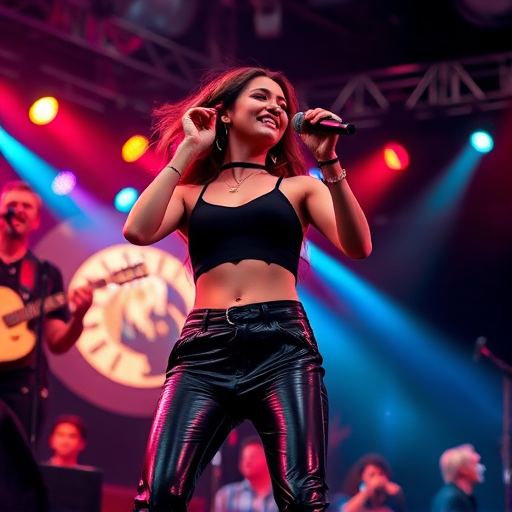 Capture a vibrant live music performance featuring a female singer in a black crop top and leather pants, with a dynamic stage presence, using a Canon EOS R5, 50mm lens, f/1.8 aperture, ISO 800, shutter speed 1/250 sec, with a slight upward angle to emphasize the energy of the moment and colorful stage lighting.