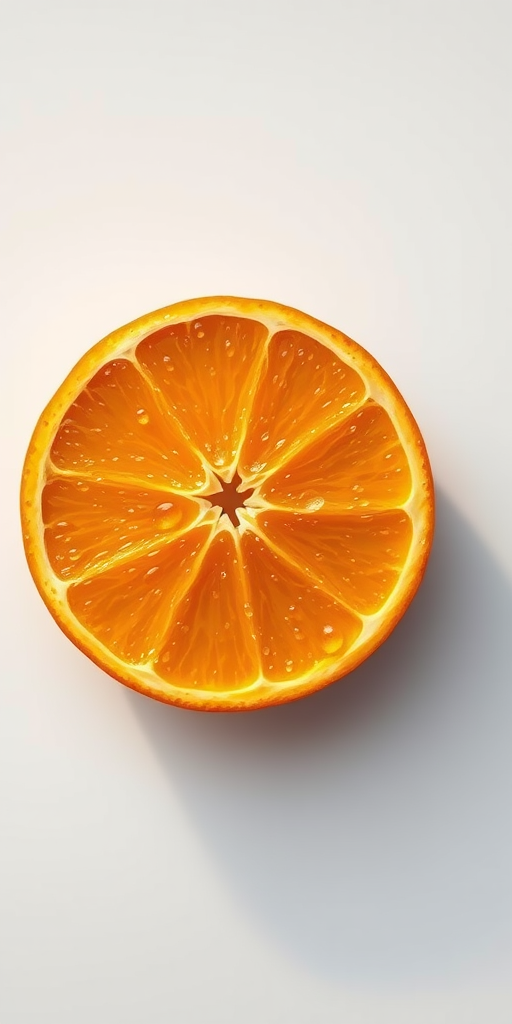 Create a high-resolution 3D rendering of a freshly sliced orange with vibrant details and realistic water droplets, using a Canon EOS R5 at f/8, ISO 100, 50mm lens, top-down view, with soft lighting and high dynamic range for enhanced color depth.