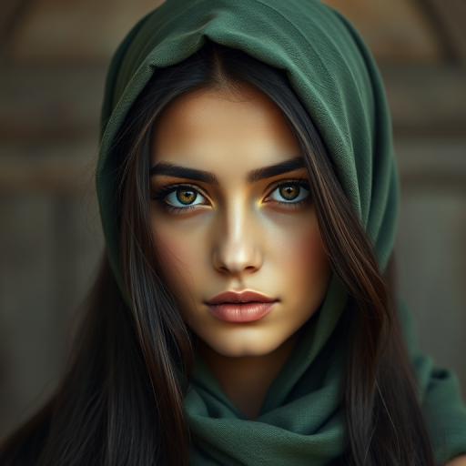 Create a portrait of a young Georgian woman with long, dark hair and captivating hazel eyes. She is wearing a green headscarf and a matching scarf draped gracefully around her neck. The background is softly blurred, focusing attention on her serene and natural expression. The overall color palette is muted and warm, enhancing the intimate and authentic feel of the portrait.