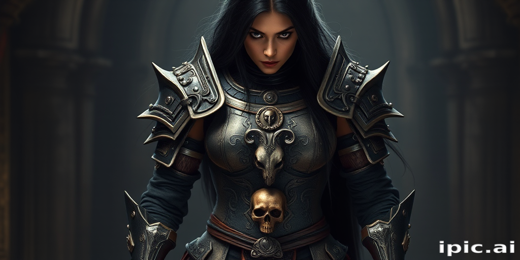 Create a photo of a fierce female warrior with long black hair, wearing an ornate, metallic armor. The armor includes a breastplate with intricate designs, shoulder guards, and gauntlets. The breastplate is decorated with a central emblem, possibly representing a mythical symbol, and has a sculpted, form-fitting design. She wears a belt with a large skull ornament at the center, and her armor extends into a partial skirt, revealing one leg. The overall look is both protective and stylish, with a dark, gothic aesthetic. The background is dimly lit, suggesting a medieval or fantasy setting, enhancing the warrior's imposing presence and intense expression.