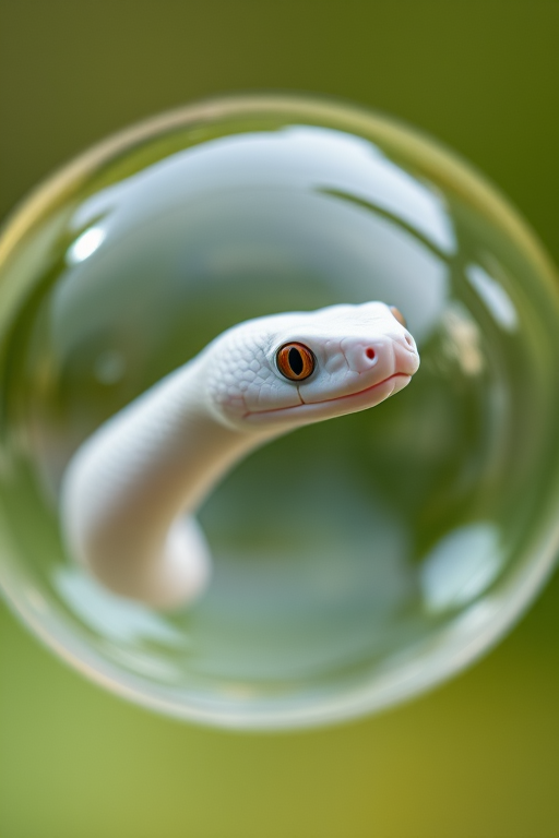 white snake inside a transparent bubble, macro lens, f/2.8 aperture, ISO 100, 100mm focal length, soft focus background, natural soft lighting, high-definition detail