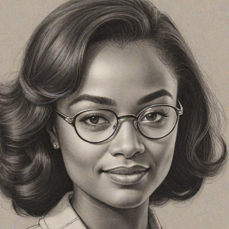 Delightful Tatyana Ali, pencil sketch, portrait of Lovely woman 1960s in glasses, hair style beatnik, outline, clear lines, fine lines, 8k