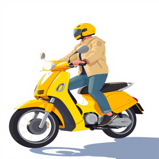 create a side view illustration of a person riding a bright yellow motorcycle, wearing a helmet and a light jacket, with a modern flat design style, high resolution, 4K quality, using a digital illustration technique, ensure sharp lines and vibrant colors.