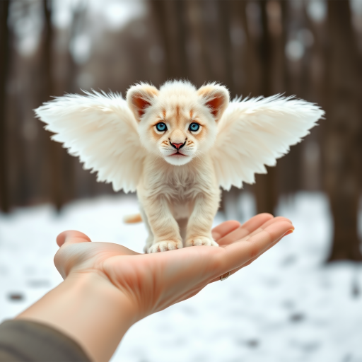 A small, white lion cub with angelic wings standing on a human hand. The cub has a soft, fluffy texture with detailed fur, expressive blue eyes, and a curious expression. The wings are large and feathery, blending seamlessly with its fur, giving an ethereal appearance. The background is a winter forest, with the ground covered in snow and blurred brown trees, creating a serene atmosphere. The human hand in the foreground is positioned palm-up, supporting the lion cub gently, fingers slightly curled. The lighting is soft and diffused, enhancing the tender and magical feel of the scene. Colors are predominantly neutral with white, cream, and soft browns, contrasting with the subtle blue of the lion cub's eyes. The overall composition is balanced, with the cub at the center, creating a focal point that draws the viewer's attention immediately.