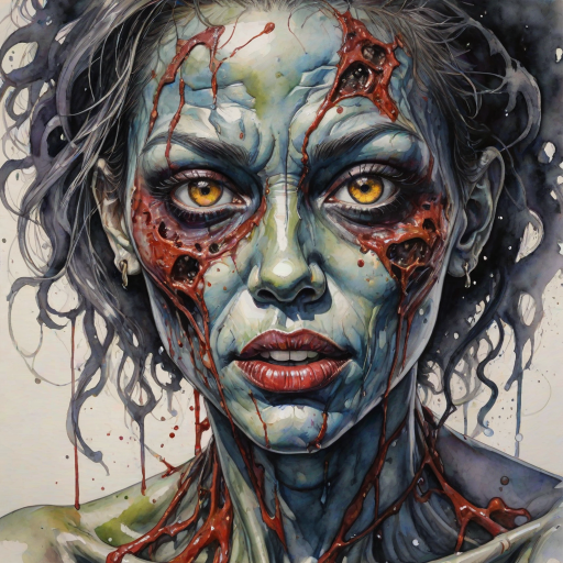 (perspective) of A creepy (ethnicity) zombie cyborg with (descriptive color) skin, (color) lipstick (color) liquid flowing from her eyes and mouth, (perspective two) portrait, (camera angle), extremely detailed, (art style) in the style of Yoshitaka Amano and Tetsuo Hara. --ar 85:128 --style raw --niji 6