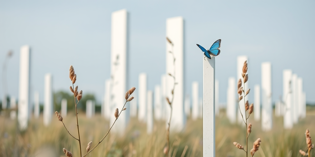 A serene landscape featuring tall, white abstract sculptures with a blue butterfly perched on one, soft pastel colors, shot with a Canon EOS R5 at f/8, ISO 100, 50mm lens, with a shallow depth of field and soft, diffused lighting for a dreamy effect.