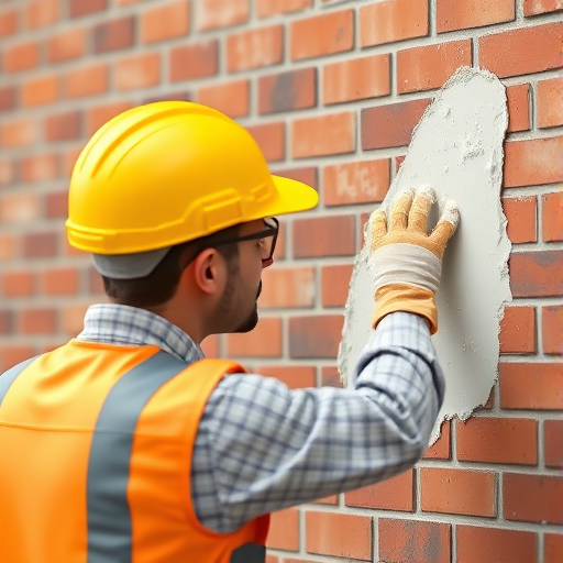 3D render of a construction worker in a yellow hard hat applying plaster to a red brick wall, close-up view, soft lighting, f/4.0 aperture, 50mm lens, shallow depth of field, high resolution.