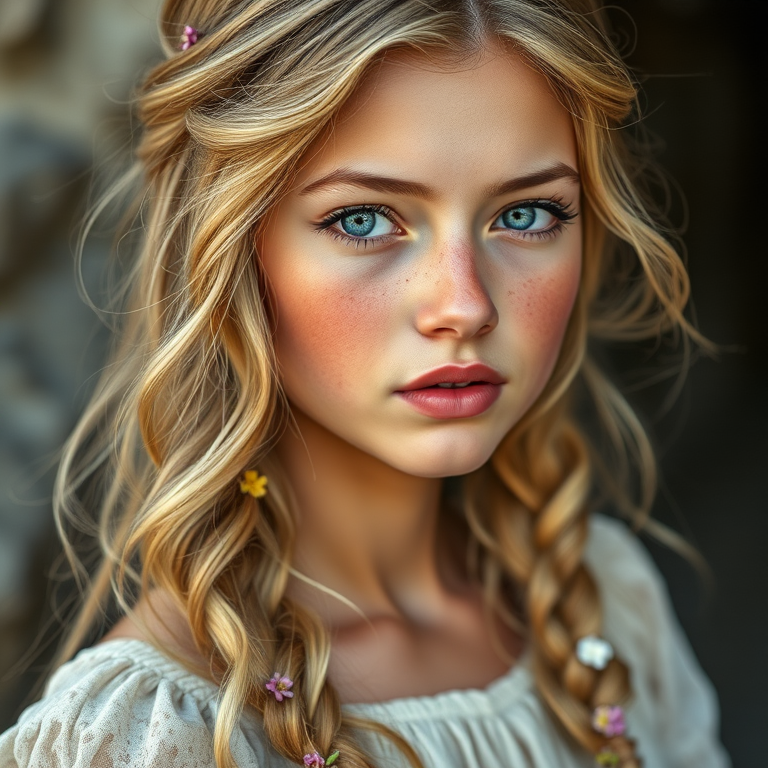 Create an image of a young Afghan woman with long, wavy blonde hair, adorned with small, colorful flowers woven into her braids and loose strands. Her complexion is fair, with soft, glowing skin, and she has light blue eyes that gaze softly at the viewer. She wears a light, flowing dress with a gentle, ethereal quality, complementing her delicate and serene appearance. The background is slightly blurred, drawing focus to her tranquil expression and the intricate details of the flowers in her hair. The overall mood of the image is one of natural beauty and grace, evoking a sense of peacefulness and connection with nature.