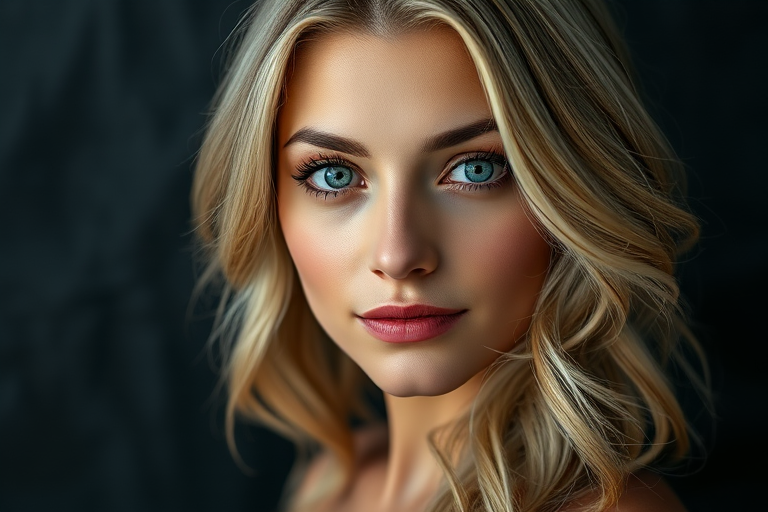 portrait of a beautiful blonde woman with soft waves and striking blue eyes against a dark textured background, natural light, 50mm lens, f/1.8 aperture, ISO 100, shallow depth of field, Canon EOS R5
