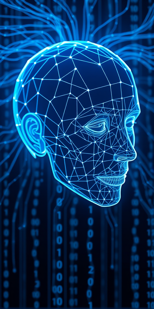 Create a high-resolution 3D rendering of a wireframe human head with a futuristic design, surrounded by flowing binary code in blue tones; use a Canon EOS 5D Mark IV with a 50mm f/1.8 lens, aperture set to f/8, ISO 200, and a slight vignette effect for depth.