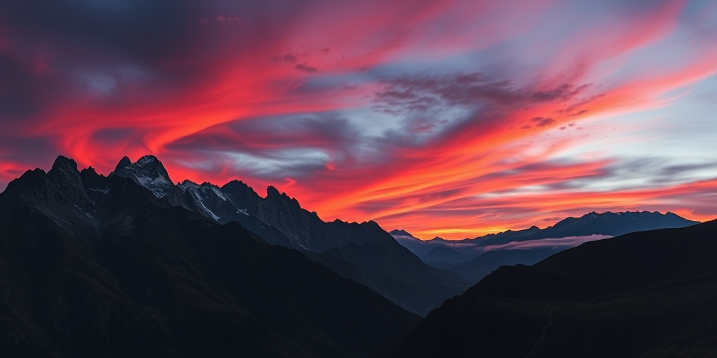 Generate a dramatic landscape of majestic mountains at dusk, with deep shadows and vibrant sunset hues, using a Canon EOS R5 with a 24mm f/1.4 lens, aperture set to f/8, ISO 100, and a shutter speed of 1/125s, capturing a wide-angle view for depth and detail.