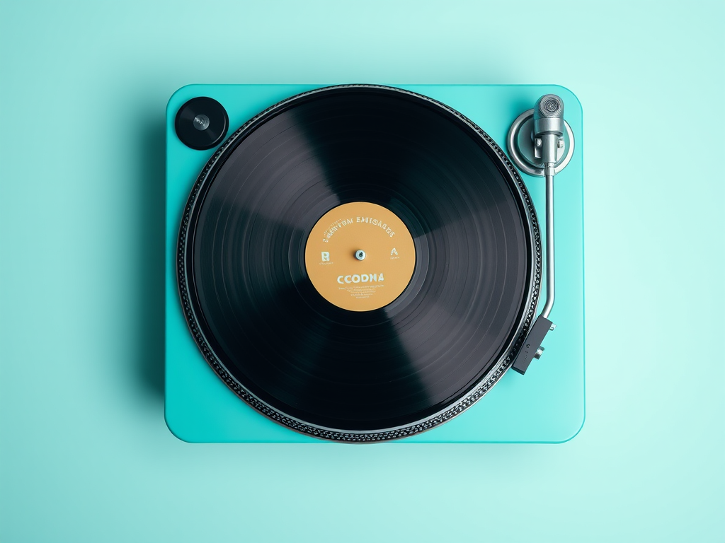 high-quality image of a turquoise turntable with a vinyl record, top-down view, 50mm lens, f/2.8 aperture, ISO 100, soft studio lighting, clean minimalist background