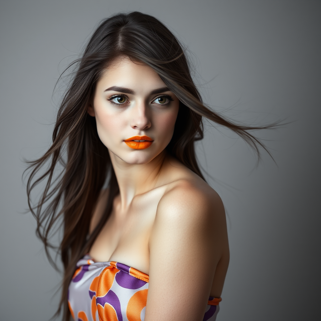 Photographic image of a beautiful young Kazakh woman, brown eyes, lips with Yellow lipstick, long hair fluttering in the wind and wearing a silk strapless dress with a soft purple and orange print. monochrome image with only color highlights in the iris of the eyes, lipstick and dress. Gray background.