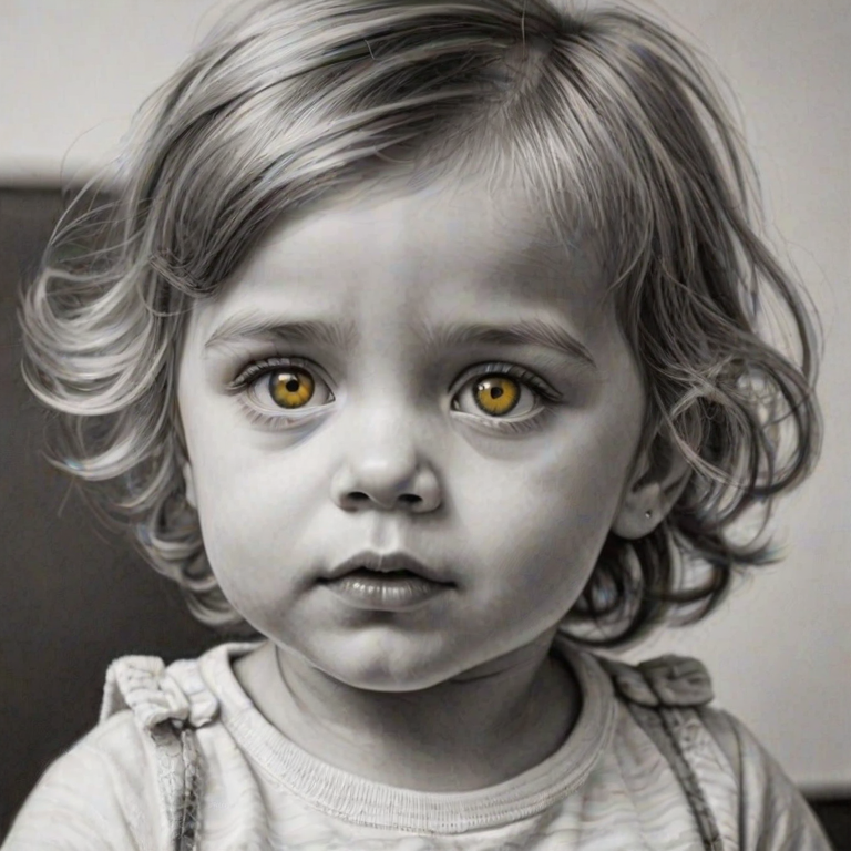 A hyperdetailed photorealistic black and white sketch of a beautiful toddler with deep Yellow eyes, with a macro focus