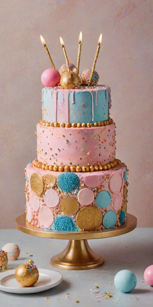 Regenerate an image of a colorful cake with a textured surface featuring pastel shades of pink, blue, and gold. The cake is topped with a variety of decorative elements, including shiny spheres in pink, gold, and multicolored sprinkles. The overall appearance should be vibrant and artistic, suitable for a celebration.