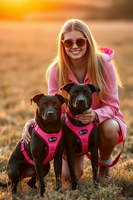 a young woman with long blonde hair wearing a pink jacket and sunglasses kneeling beside a black dog in a pink harness, shot at golden hour in a field with soft lighting, DSLR camera, aperture f/2.8, shutter speed 1/200s, ISO 100, portrait orientation