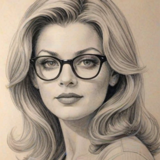 Delightful Sheryl Lee, pencil sketch, portrait of Appealing woman 1965s in glasses, hair style beatnik, outline, clear lines, fine lines, 8k
