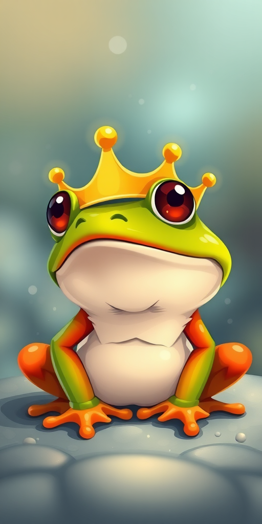 Create an illustration of a cartoon frog wearing a golden crown, use a vibrant color palette with a sharp focus, set the camera aperture to f/5.6, shutter speed at 1/200s, and a 50mm lens to enhance image quality with a slightly blurred background for depth.