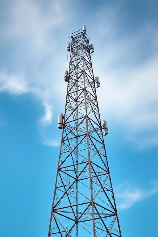 Create a high-quality image of an industrial radio tower with a clean background, shot with a Canon EOS R5 at f/8 aperture, 1/125 sec shutter speed, ISO 100, in a wide-angle view with a sharp focus.