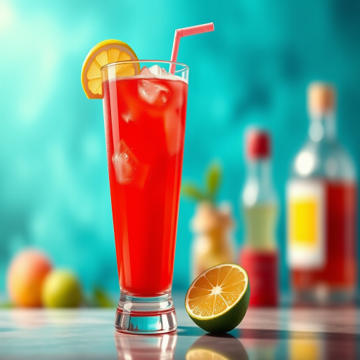 Create a high-resolution illustration of a refreshing red cocktail in a tall glass with a lemon slice on the rim and a lime half beside it, set against a vibrant turquoise background with soft blurred elements, using a digital art style that mimics a DSLR camera shot at f/2.8 aperture, 1/60 shutter speed, and ISO 100 for rich colors and depth of field.