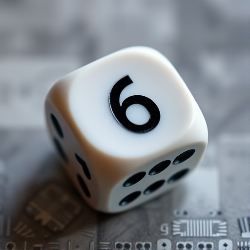 Create an ultra-high-definition image of a standard die showing the number six, using a macro lens with a shallow depth of field, ISO 100, aperture f/2.8, and a slight top-down perspective for enhanced detail and clarity.