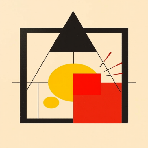 Generate an abstract geometric design featuring a black triangle, a red square, a yellow circle, and playful lines against a beige background, captured with a DSLR camera at f/8, 50mm lens, natural lighting, in a flat lay style for enhanced clarity and detail.