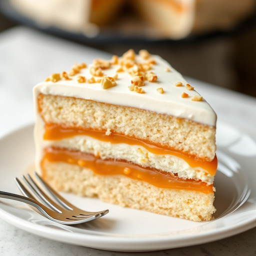 A slice of layered cake on a white plate with a fork beside it featuring alternating layers of fluffy vanilla cake and creamy caramel filling topped with a smooth frosting and sprinkled with crushed nuts in a soft, blurred background.