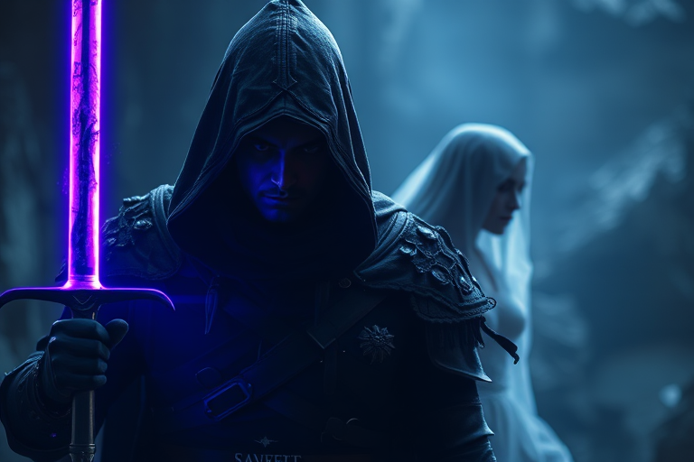 A fantasy scene featuring a hooded warrior with a sword glowing purple, alongside a ghostly figure of a woman, captured in dramatic low light with a 50mm lens, f/1.8 aperture, ISO 200, and soft focus for an ethereal effect, high dynamic range.