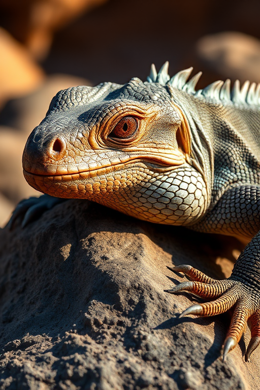 Close-up of a Komodo dragon resting on a rock with detailed texture, warm lighting creating shadows, f/2.8 aperture, ISO 200, 1/60s shutter speed, macro lens, DSLR camera, natural setting background, vibrant colors.