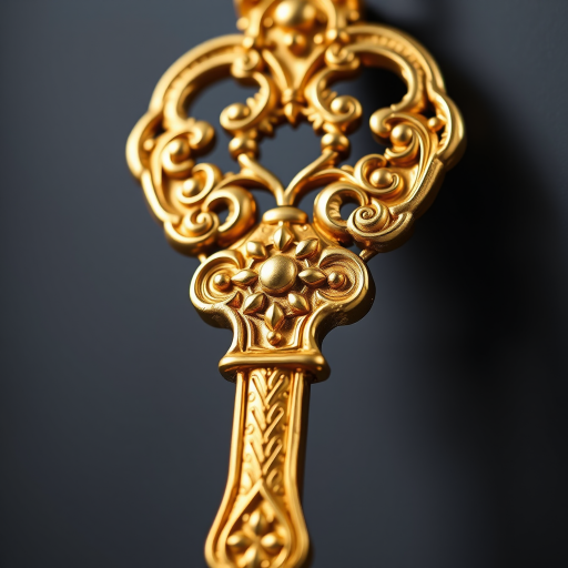 Create a high-resolution image of an ornate golden key with intricate designs, photographed from a slightly angled close-up view using a DSLR camera with a 50mm lens, f/1.8 aperture, ISO 100, and soft, diffused lighting to enhance shine and detail.
