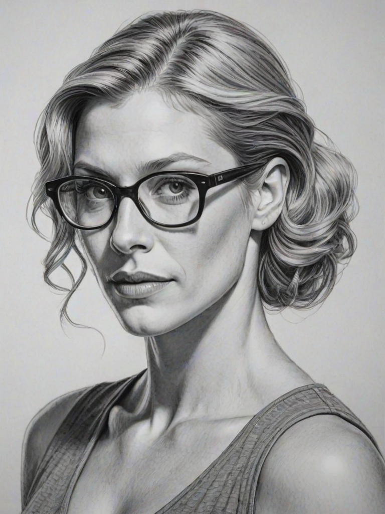 Comely Katee Sackhoff, pencil sketch, portrait of Splendid woman 1939s in glasses, hair style beatnik, outline, clear lines, fine lines, 8k