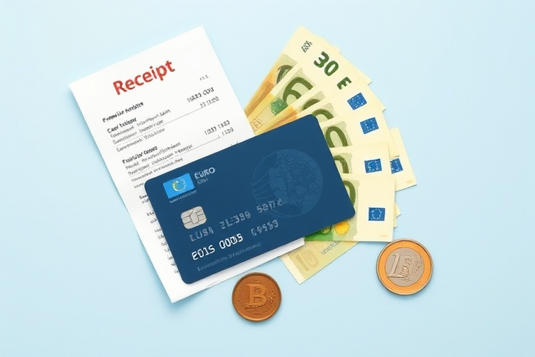 Create a digital illustration of a receipt, various Euro banknotes, a credit card, and a Euro coin placed neatly on a light blue background, using a Canon EOS R5 camera with a 50mm lens, aperture set to f/2.8, ISO 100, and a shallow depth of field for enhanced focus on the objects.