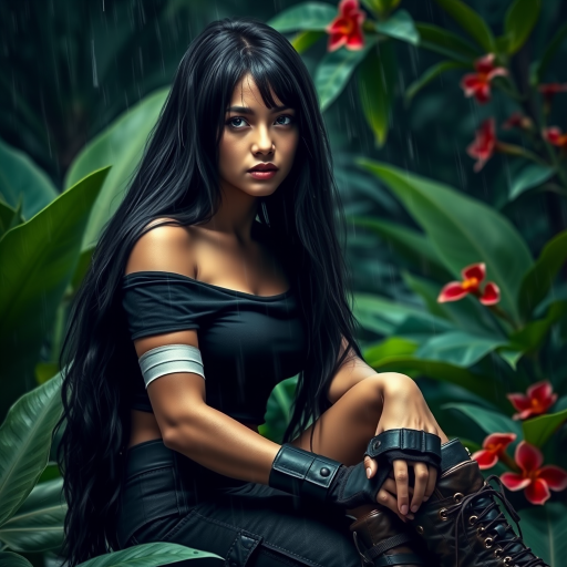 A highly detailed photograph of a woman with long black hair, sitting in the rain beneath lush green foliage. She wears a black off-the-shoulder top, fingerless gloves, and combat boots, giving her a rugged, militaristic look. Her left arm is bandaged, hinting at a recent struggle. The jungle background is vibrant, with large green leaves and red flowers contrasting against the rainy, dark sky. Fine rain droplets add realism and atmosphere to the scene.